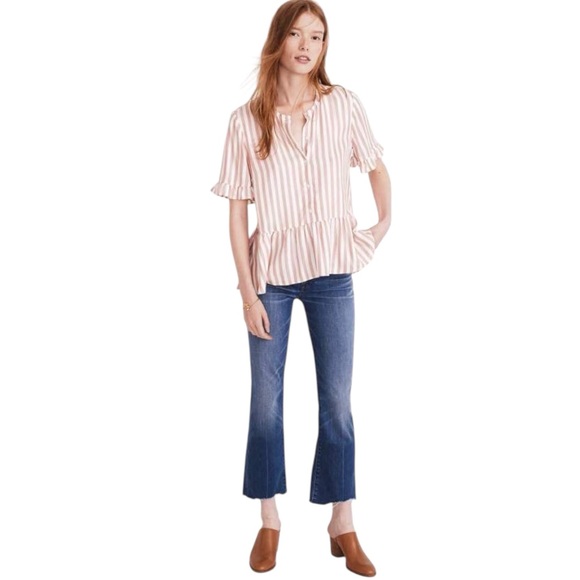 Madewell Studio Ruffle Hem Top Cecelia Stripe White/Red Sz L Like New - Picture 4 of 8